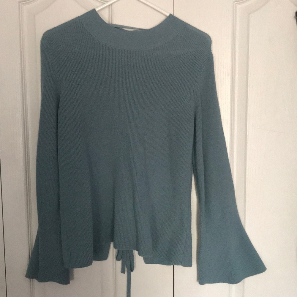 Mock neck Light blue lace up bell sleeve sweater